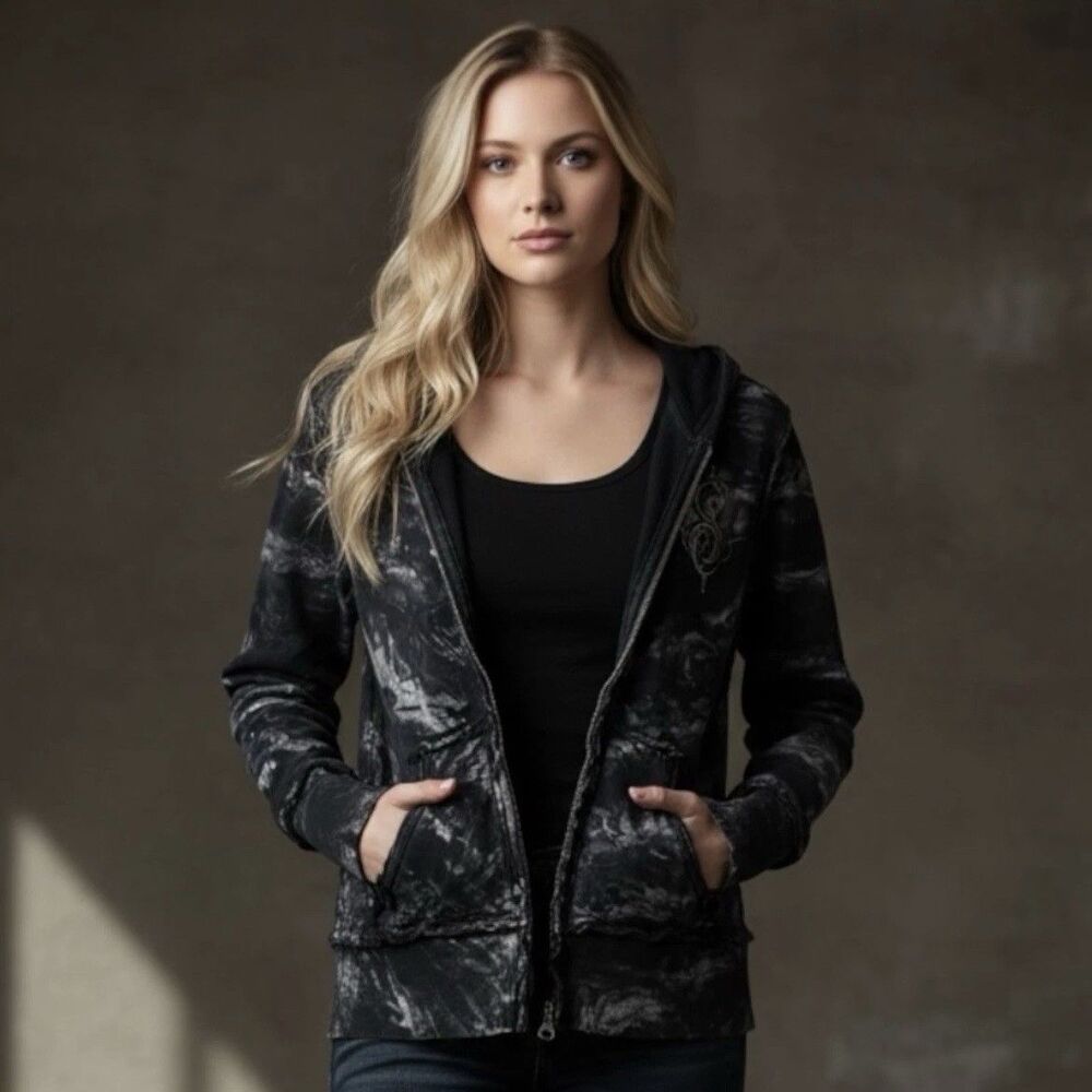Sinful By Affliction S Grunge Black Jacket Hoodie Rhinestone Skull Wings Y2K - Picture 11 of 15
